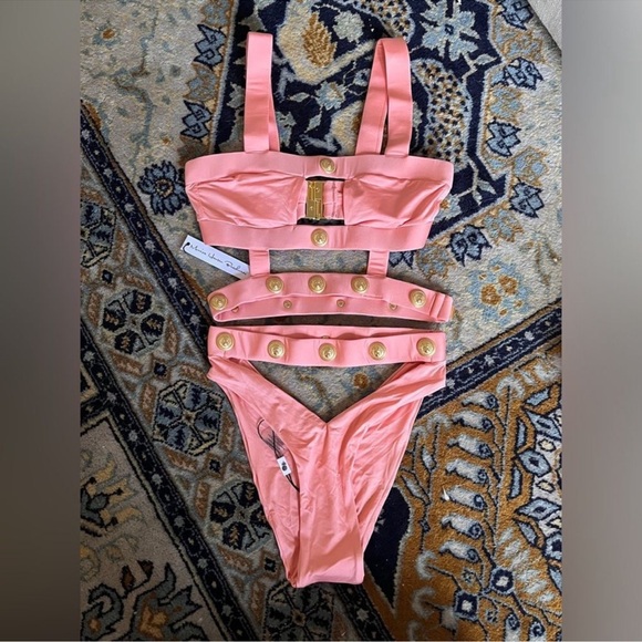 Monica Hansen Rich & Fab Peach Pink Gold Strappy Bikini Swimsuit 2 piece XS - Picture 4 of 5
